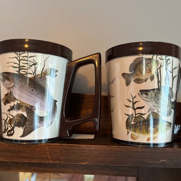 Vintage Fish Mug Fishing Flambeau Brown Cream Lake Trout Bluegill Crappie Perch - Picture 3 of 9